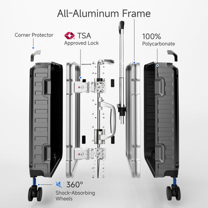 Exploded side view of LUGGEX ZX Series aluminum-frame zipperless suitcase showing 100% polycarbonate shell, TSA-approved lock, corner protector, and 360° shock-absorbing wheels.
#color-charcoal