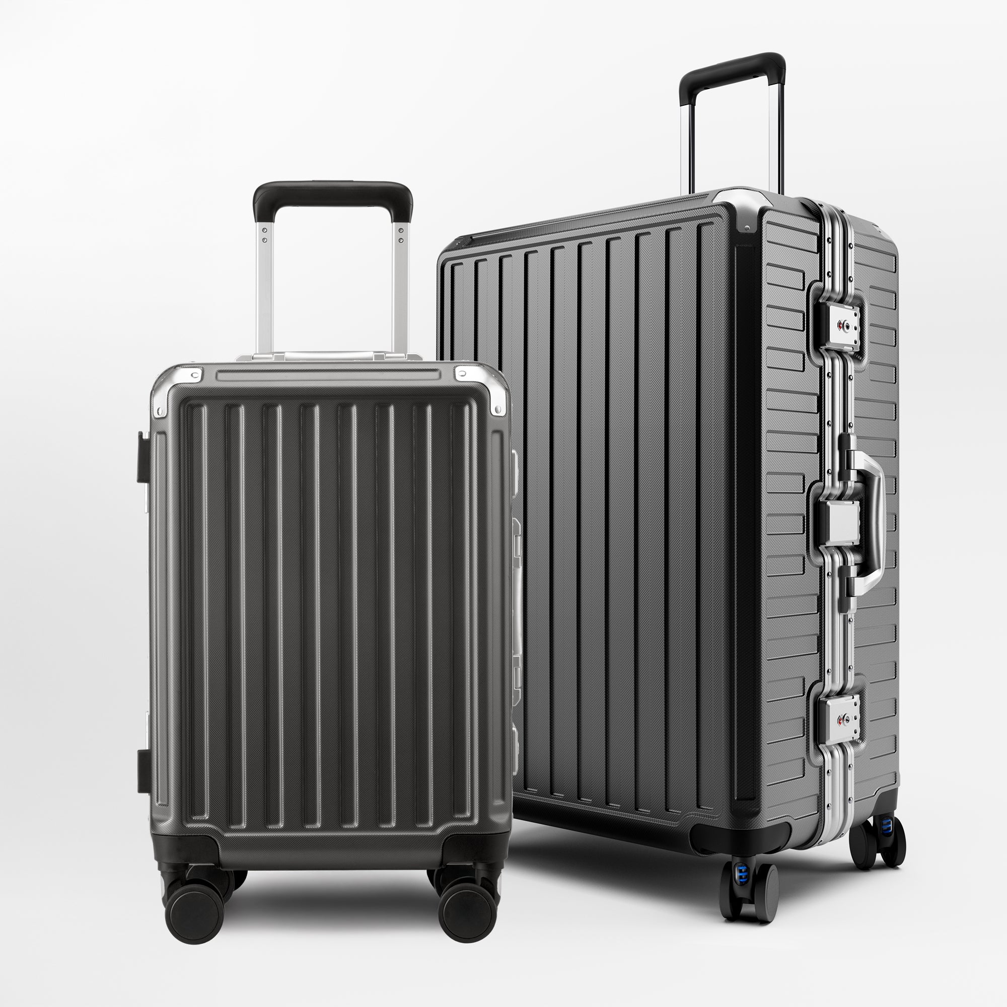 Front view of the LUGGEX ZX Series aluminum-frame zipperless luggage set featuring 20-inch carry-on and 28-inch check-in suitcases in charcoal, built for durability and modern travel.

#color_charcoal