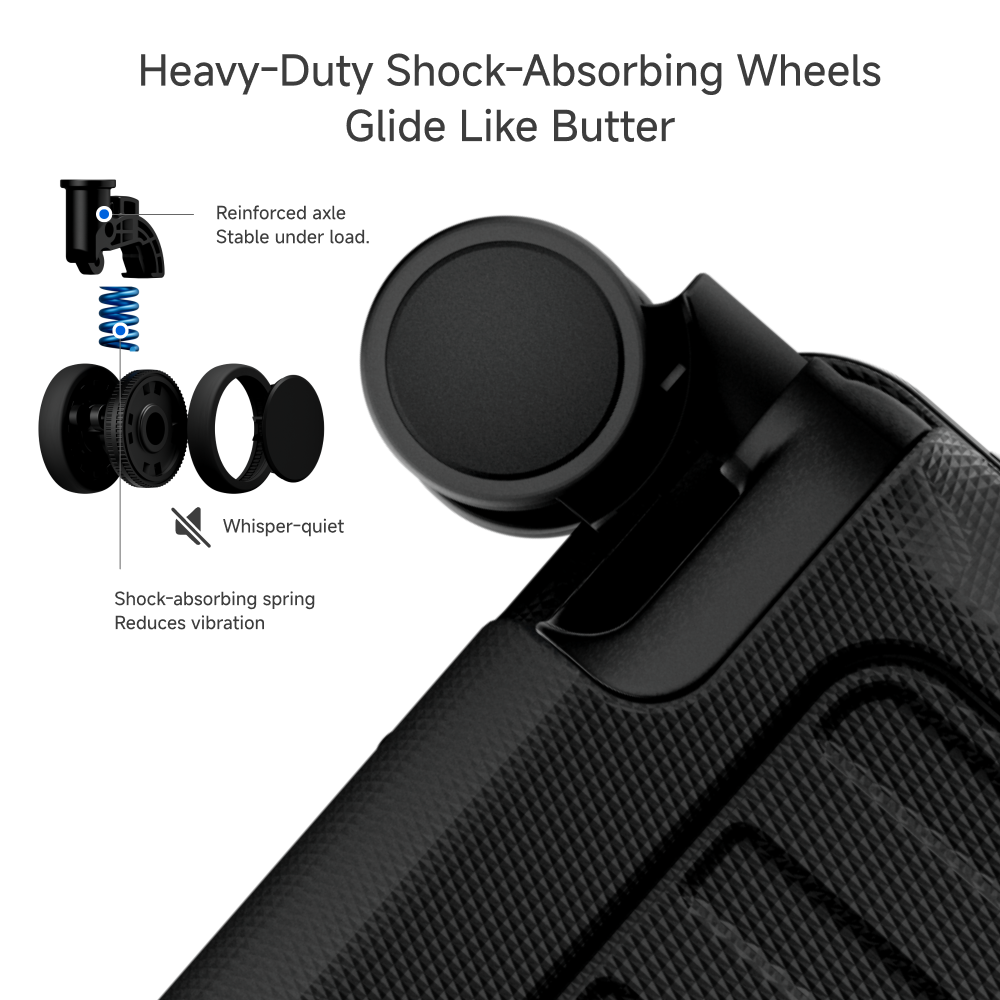 Engineering detail of LUGGEX ZX all-in-one carry-on suspension wheel system designed for ultra-smooth, quiet rolling and reduced vibration on busy travel surfaces. #color_black