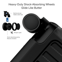 Engineering detail of LUGGEX ZX all-in-one carry-on suspension wheel system designed for ultra-smooth, quiet rolling and reduced vibration on busy travel surfaces. #color_black