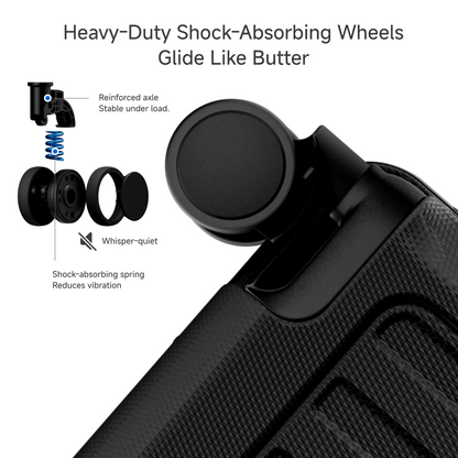 Engineering detail of LUGGEX ZX all-in-one carry-on suspension wheel system designed for ultra-smooth, quiet rolling and reduced vibration on busy travel surfaces. #color_black