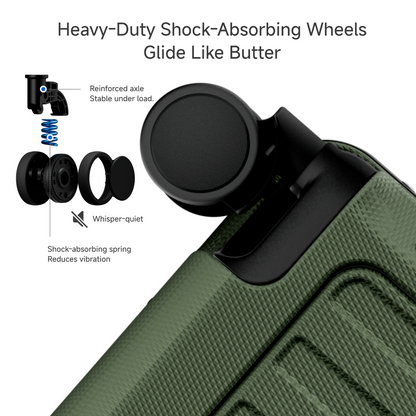 Engineering detail of LUGGEX ZX all-in-one carry-on suspension wheel system designed for ultra-smooth, quiet rolling and reduced vibration on busy travel surfaces. #color_olive_green