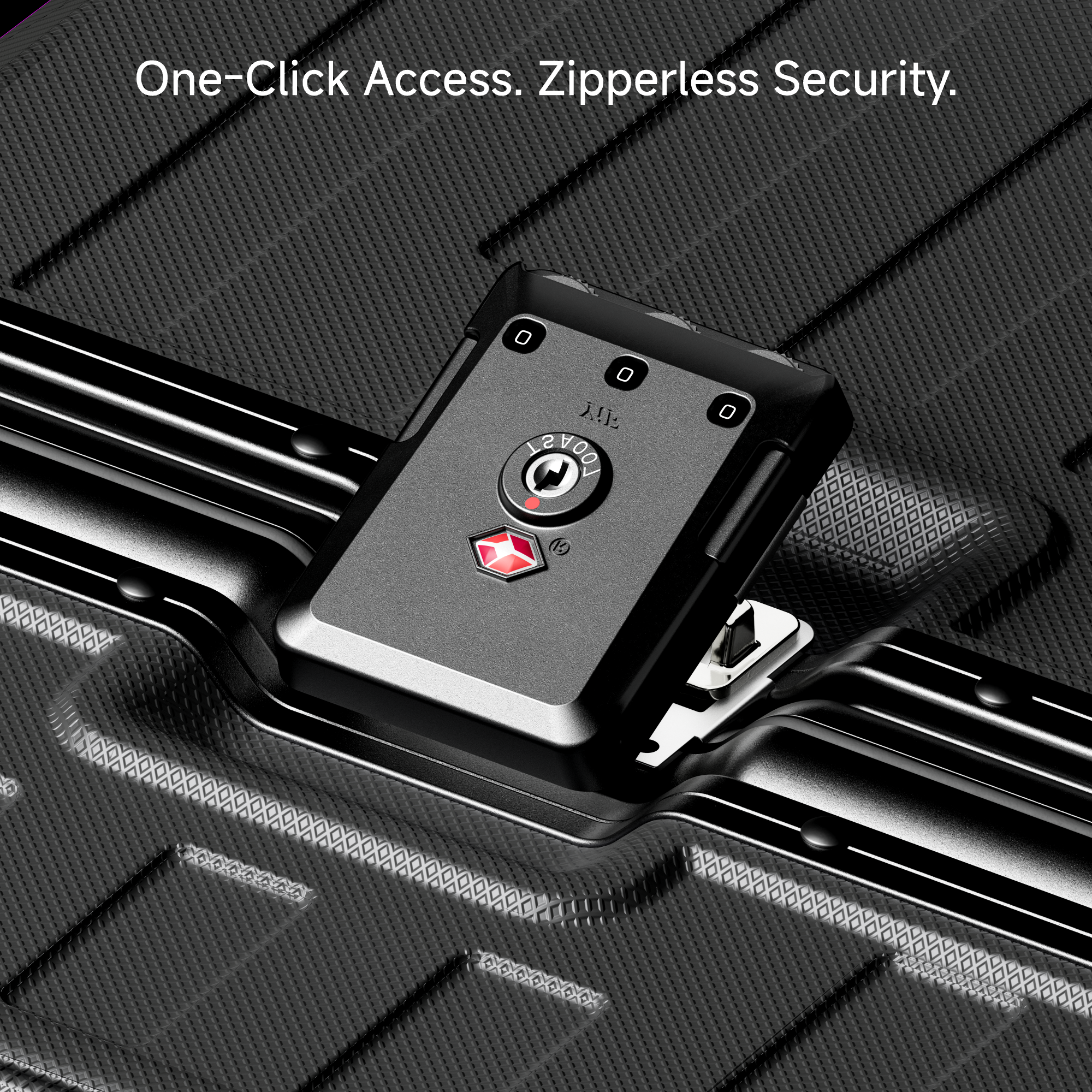 Detail view of LUGGEX ZX all-in-one aluminum carry-on featuring zipperless security lock and quick one-click opening design for fast and confident travel. #show #color_black