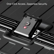 Detail view of LUGGEX ZX all-in-one aluminum carry-on featuring zipperless security lock and quick one-click opening design for fast and confident travel. #show #color_black