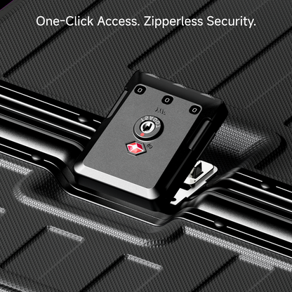 Detail view of LUGGEX ZX all-in-one aluminum carry-on featuring zipperless security lock and quick one-click opening design for fast and confident travel. #show #color_black