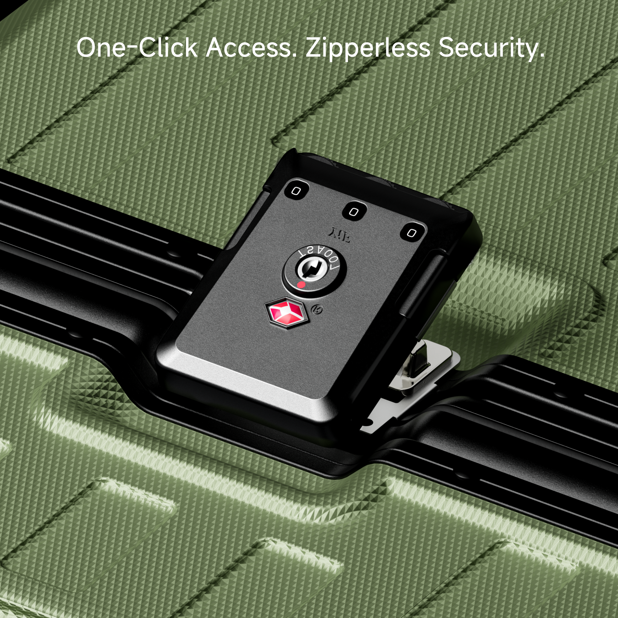 Detail view of LUGGEX ZX all-in-one aluminum carry-on featuring zipperless security lock and quick one-click opening design for fast and confident travel. #show #color_olive_green