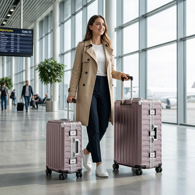 A woman traveler in a beige trench coat walking through a bright airport terminal, pulling a LUGGEX rose purple aluminum-frame zipperless luggage set with a 20-inch carry-on and 28-inch checked suitcase 