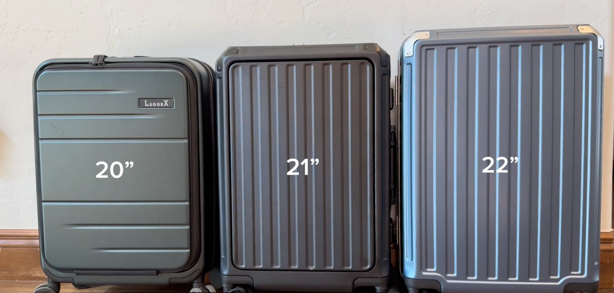 Load video: Which LUGGEX carry-on size should I choose?In this video, the reviewer recommends the 20-inch Front-Open Carry-On for short trips with lighter packing, the 21-inch ZX All-in-One for 3–5 day trips with convenient laptop access, and the 22-inch ZX Extended for travelers who prioritize packing space on road trips, cruises, and train journeys. For flights, compare each model’s full external dimensions with your airline’s current allowance.Does “22-inch carry-on” mean the suitcase is 22 inches tall overall?No. The 22-inch model shown in this video lists external dimensions of 24.1 x 16 x 10.2 inches. Use the full external measurements—not the size name—when checking airline requirements.