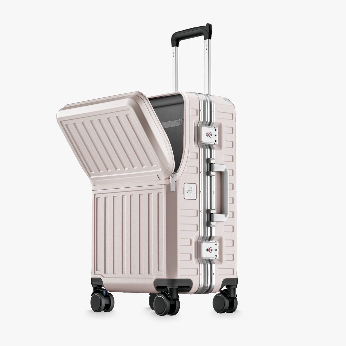 Front view of a carry-on LUGGEX suitcase with a 100% polycarbonate shell, designed for lightweight durability and impact resistance. #color_pink