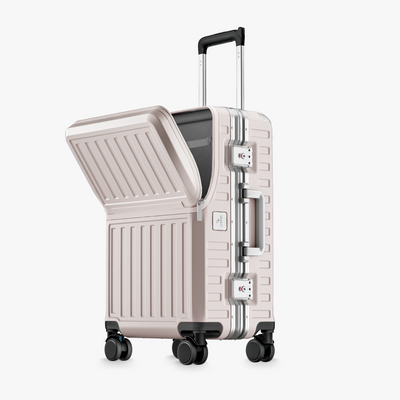 Front view of a carry-on LUGGEX suitcase with a 100% polycarbonate shell, designed for lightweight durability and impact resistance. #color_pink
