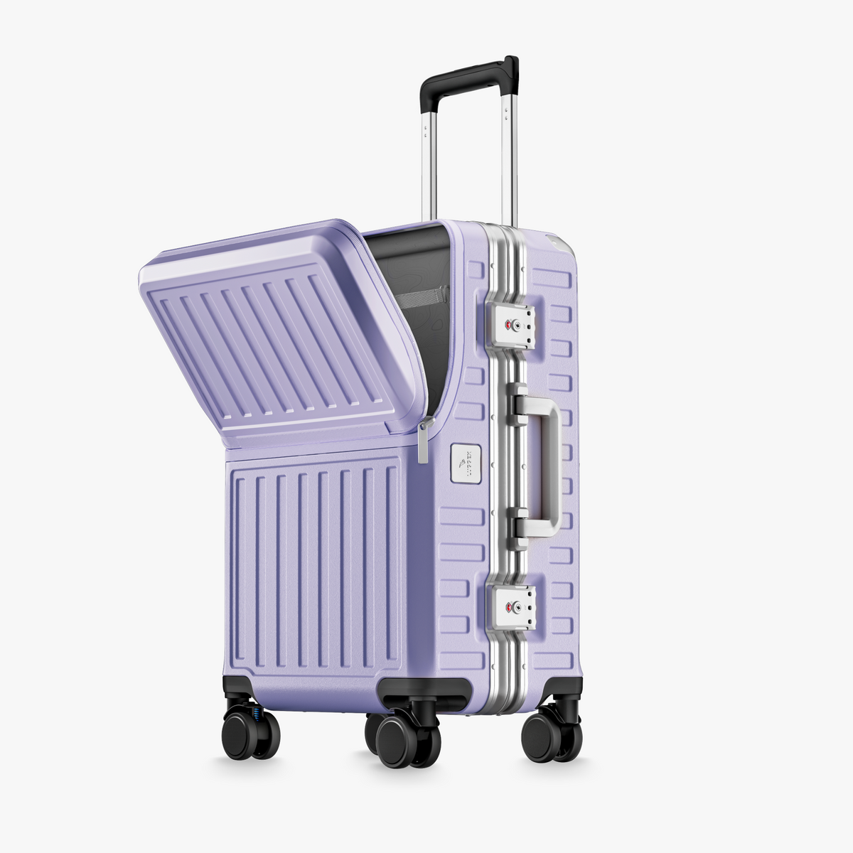 Front view of a carry-on LUGGEX suitcase with a 100% polycarbonate shell, designed for lightweight durability and impact resistance. #color_purple