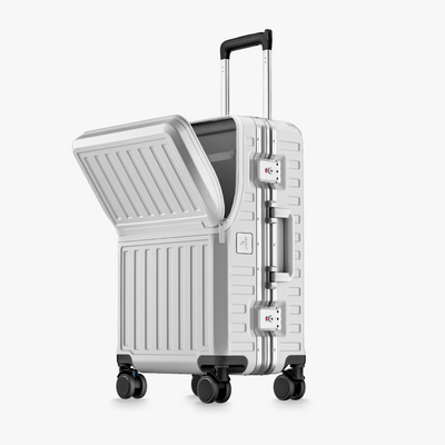 Front view of a carry-on LUGGEX suitcase with a 100% polycarbonate shell, designed for lightweight durability and impact resistance.  #color_silver-gray