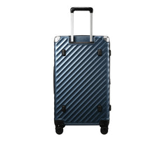 "Back view of a 28-inch trunk check-in suitcase with protective foot pads that help keep the case stable and elevated when placed on the ground.
