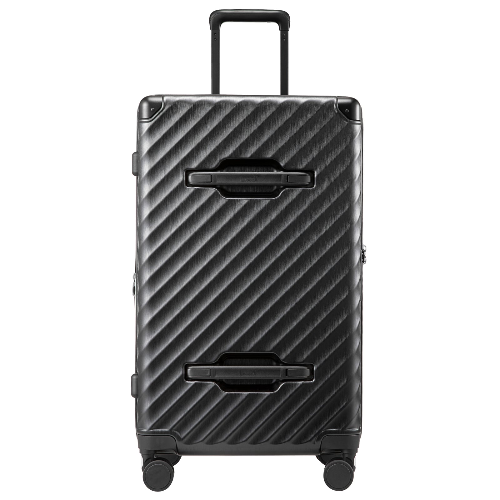 LUGGEX trunk check-in suitcase with a front view design featuring integrated hand grips for easy lifting and controlled handling. 