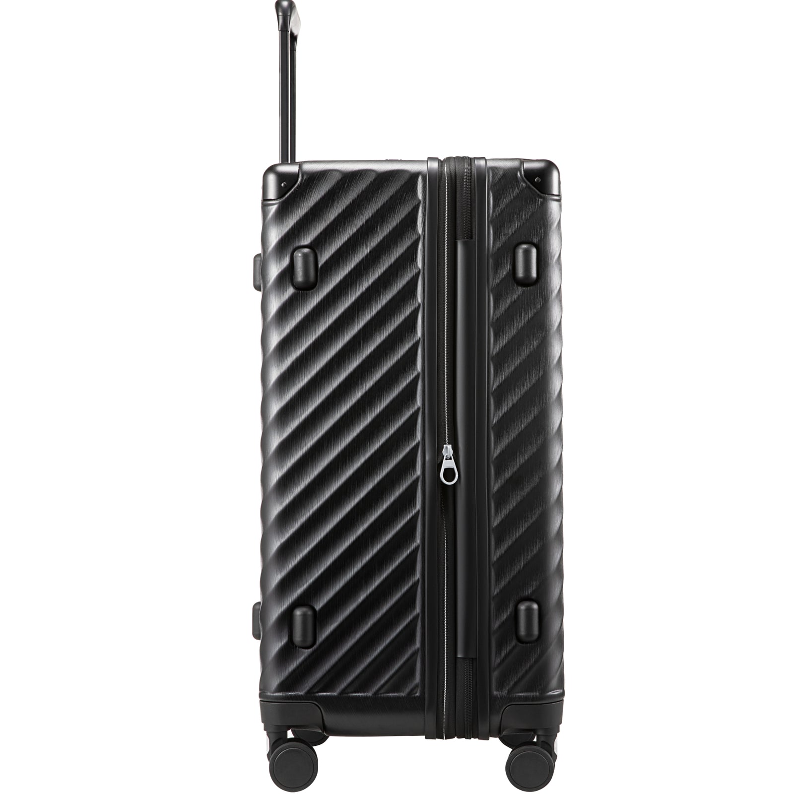 Another side view of the 30-inch expandable trunk check-in suitcase, highlighting the sleek zippered design and shock-absorbing wheels for easy travel. 