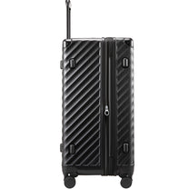 Another side view of the 30-inch expandable trunk check-in suitcase, highlighting the sleek zippered design and shock-absorbing wheels for easy travel. 