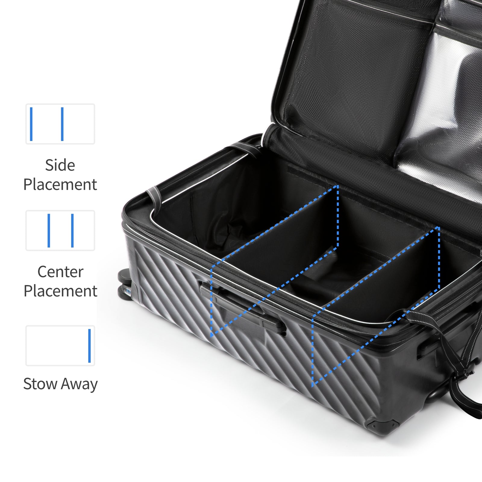 LUGGEX  trunk check-in suitcase with a removable divider that adjusts to side, center, or stowed positions for flexible compartment organization.
