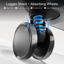 LUGGEX trunk check-in suitcase with shock-absorbing spinner wheels engineered for quiet glide, impact reduction, and smooth maneuvering on uneven surfaces.

