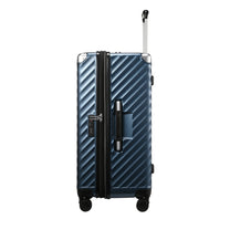 Side view of a trunk check-in suitcase with an easy-lift hand grip, TSA-approved lock, and expandable zipper for flexible packing.
