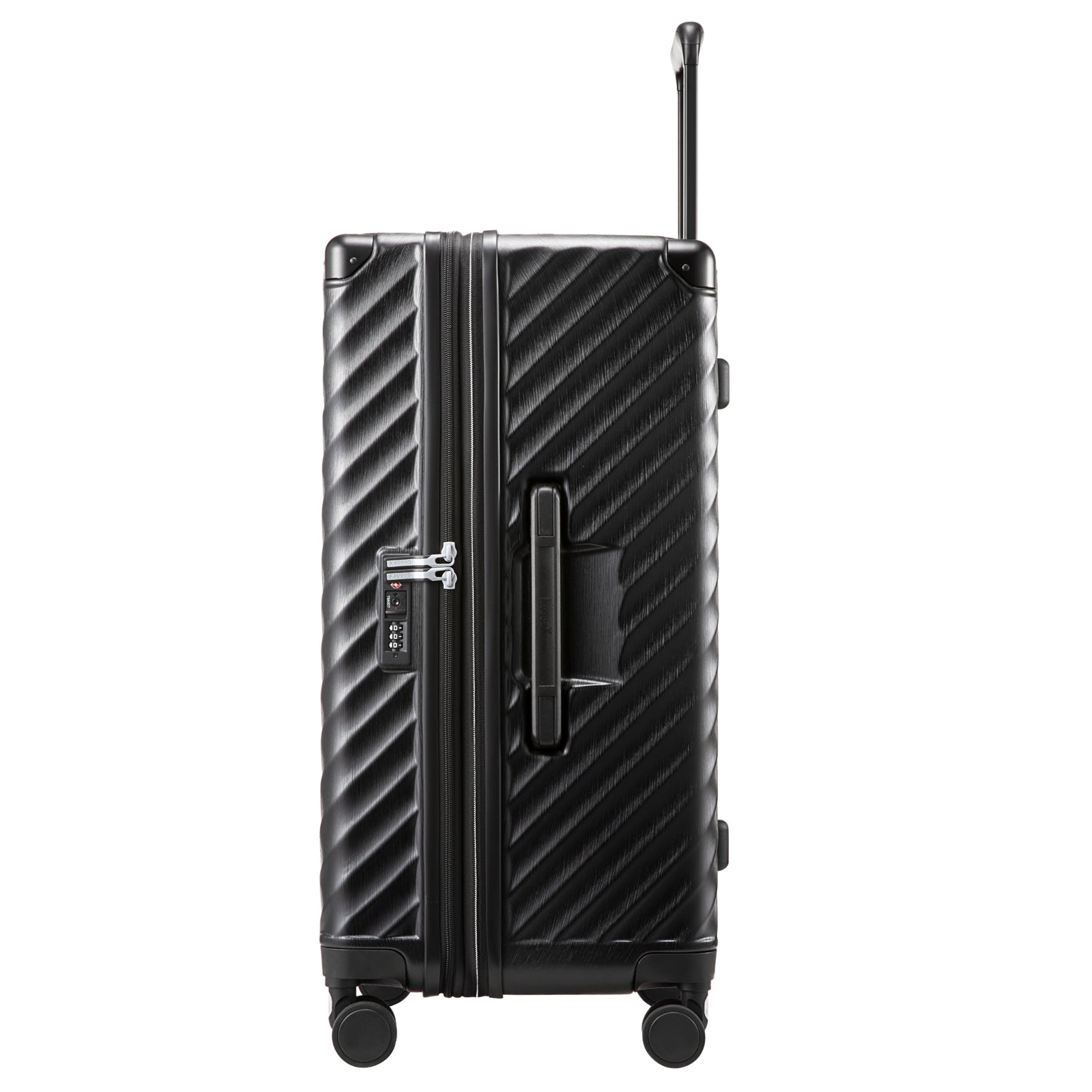 Side view of a trunk check-in suitcase with an easy-lift hand grip, TSA-approved lock, and expandable zipper for flexible packing.
 