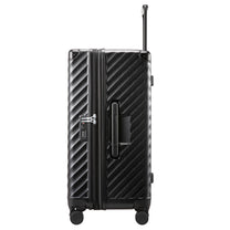 Side view of a trunk check-in suitcase with an easy-lift hand grip, TSA-approved lock, and expandable zipper for flexible packing.
 