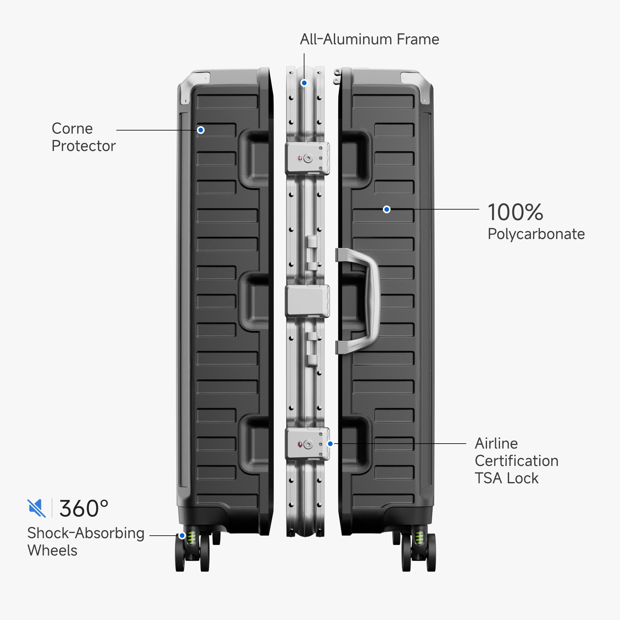 LUGGEX charcoal 100% polycarbonate aluminum frame carry-on luggage suitcase with TSA-approved lock, corner protectors and shock-absorbing wheels

