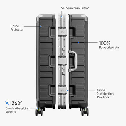LUGGEX charcoal 100% polycarbonate aluminum frame carry-on luggage suitcase with TSA-approved lock, corner protectors and shock-absorbing wheels

