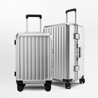 Front view of the LUGGEX ZX Series aluminum-frame zipperless luggage set featuring 20-inch carry-on and 28-inch check-in suitcases in sliver grey, built for durability and modern travel.
