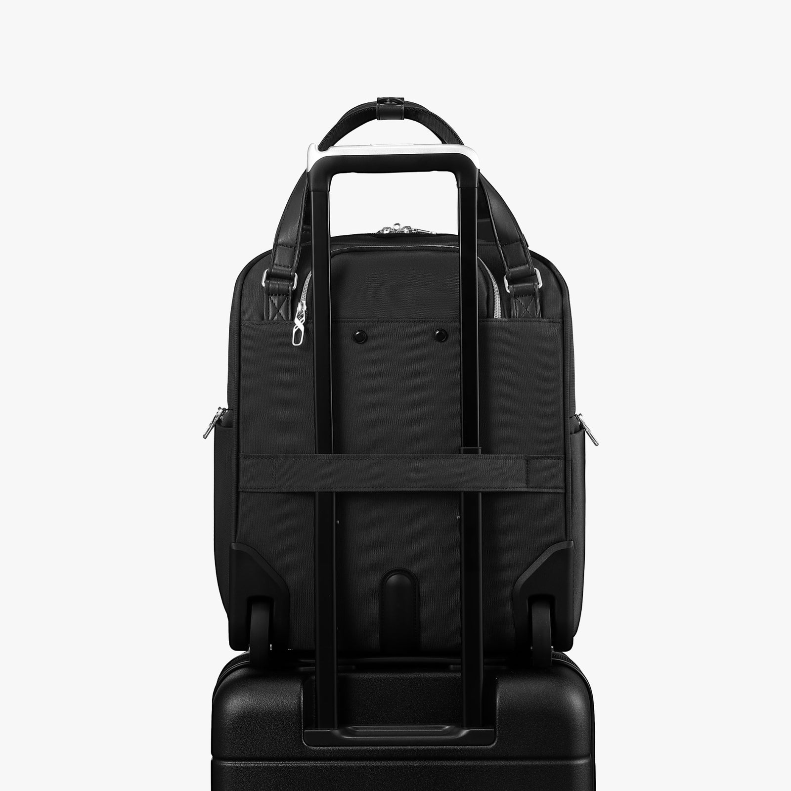 Back view of a 16-inch underseat carry-on luggage with a built-in luggage strap, designed to securely attach to a suitcase handle for hands-free travel. 