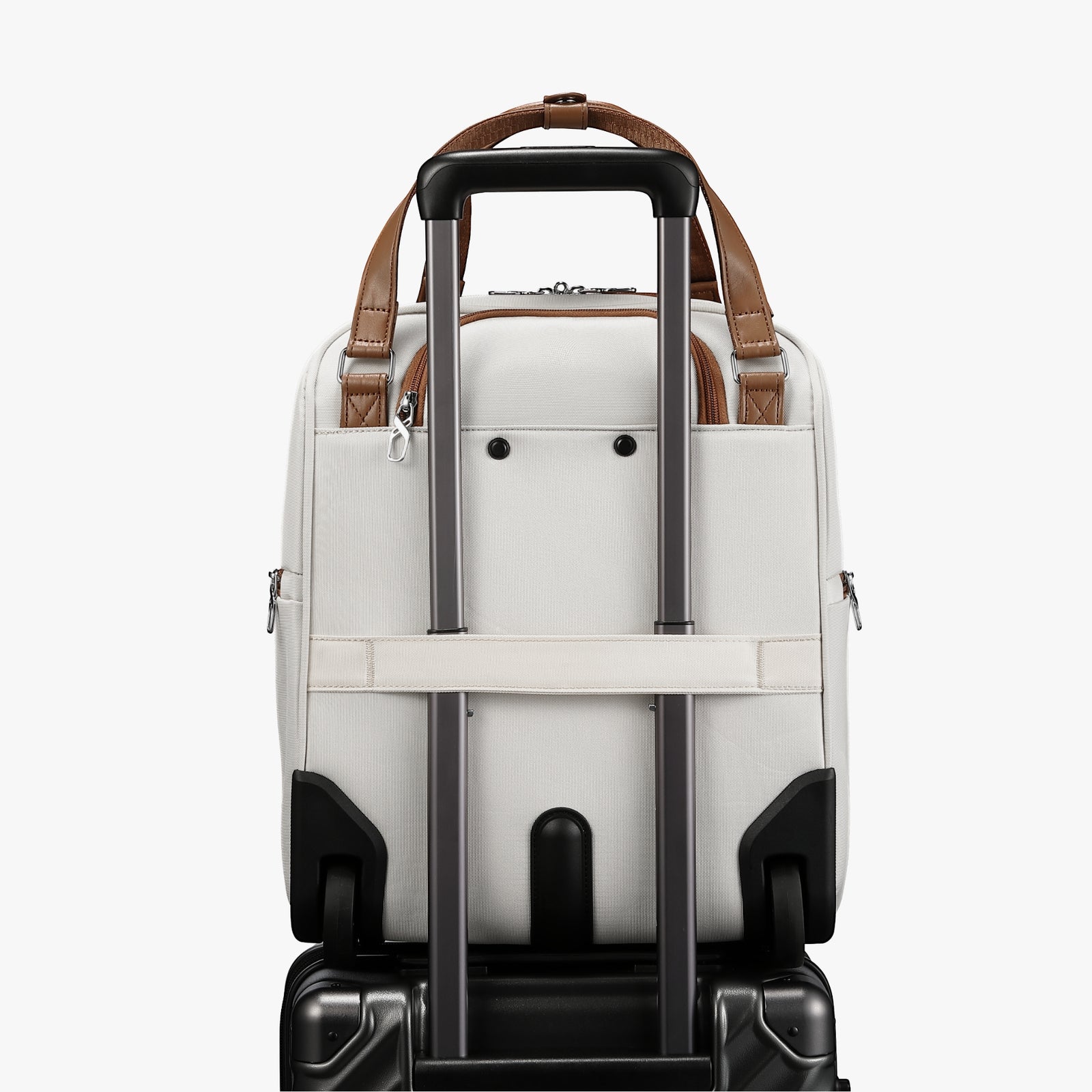Back view of a 16-inch underseat carry-on luggage with a built-in luggage strap, designed to securely attach to a suitcase handle for hands-free travel. #show #color_cream-white