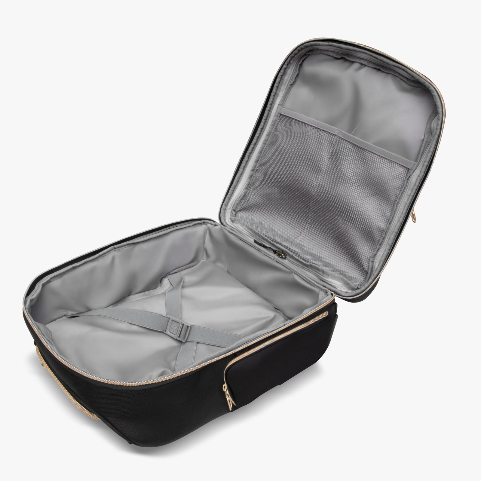 Interior view of a 16-inch underseat carry-on luggage without the laptop compartment, showing a spacious main compartment with compression straps and mesh pocket.
