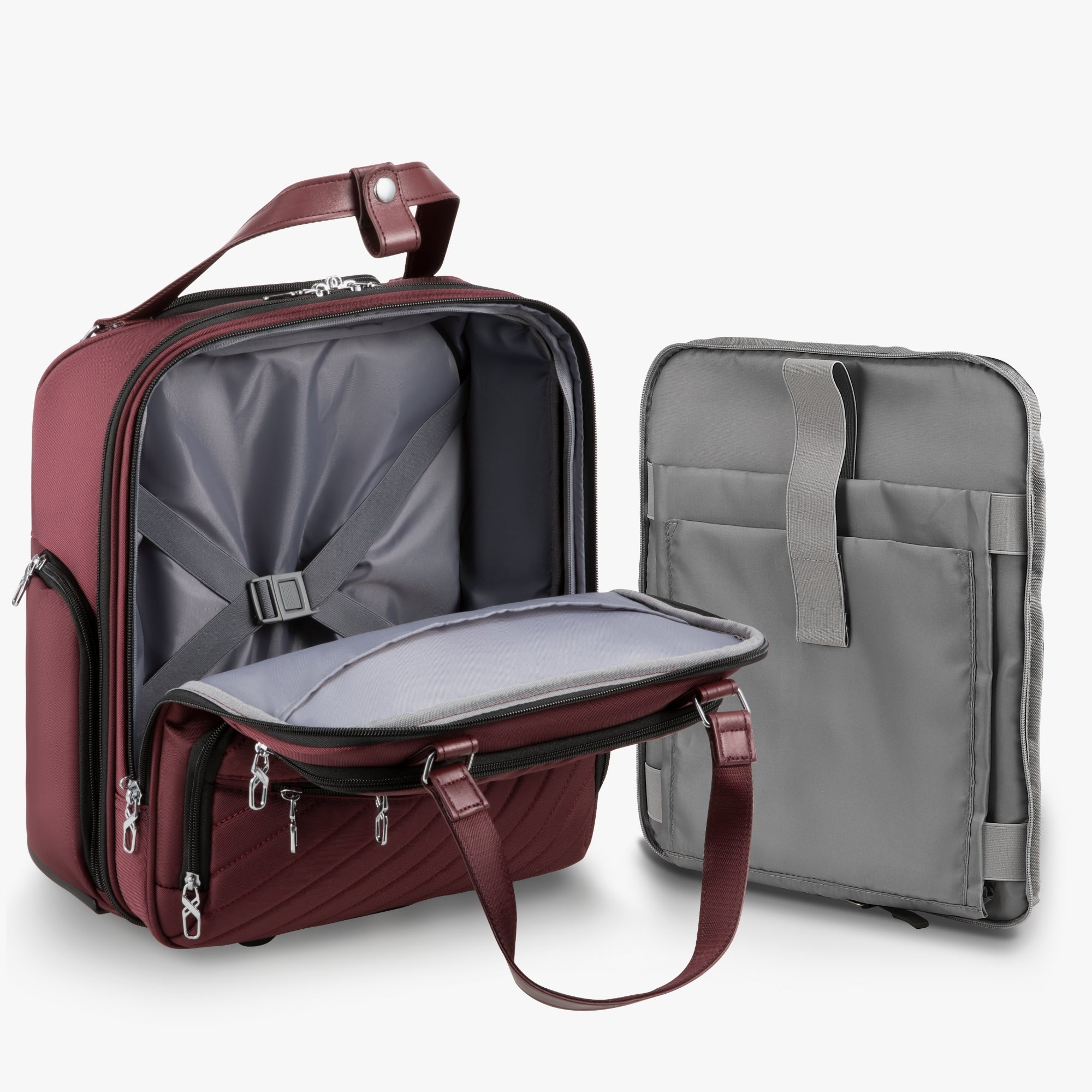 Underseat carry-on luggage with removable padded laptop compartment, designed for airline-approved travel and flexible business use. #show #color_cherry-red
