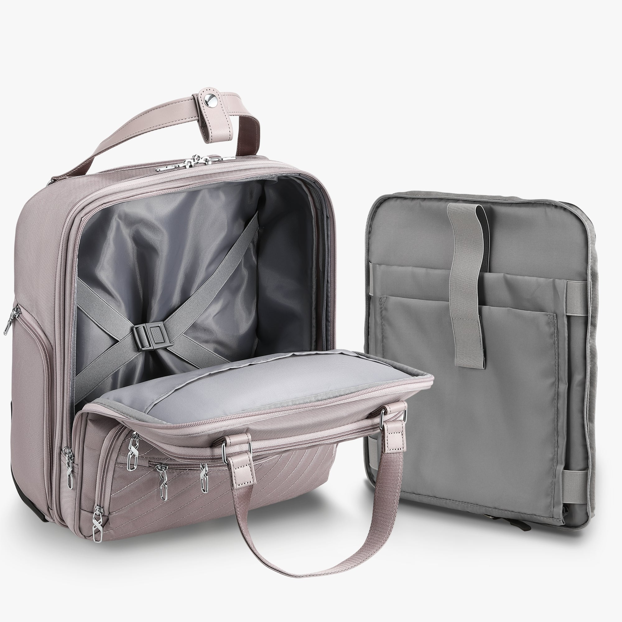 Underseat carry-on luggage with removable padded laptop compartment, designed for airline-approved travel and flexible business use. #show #color_grey-pink