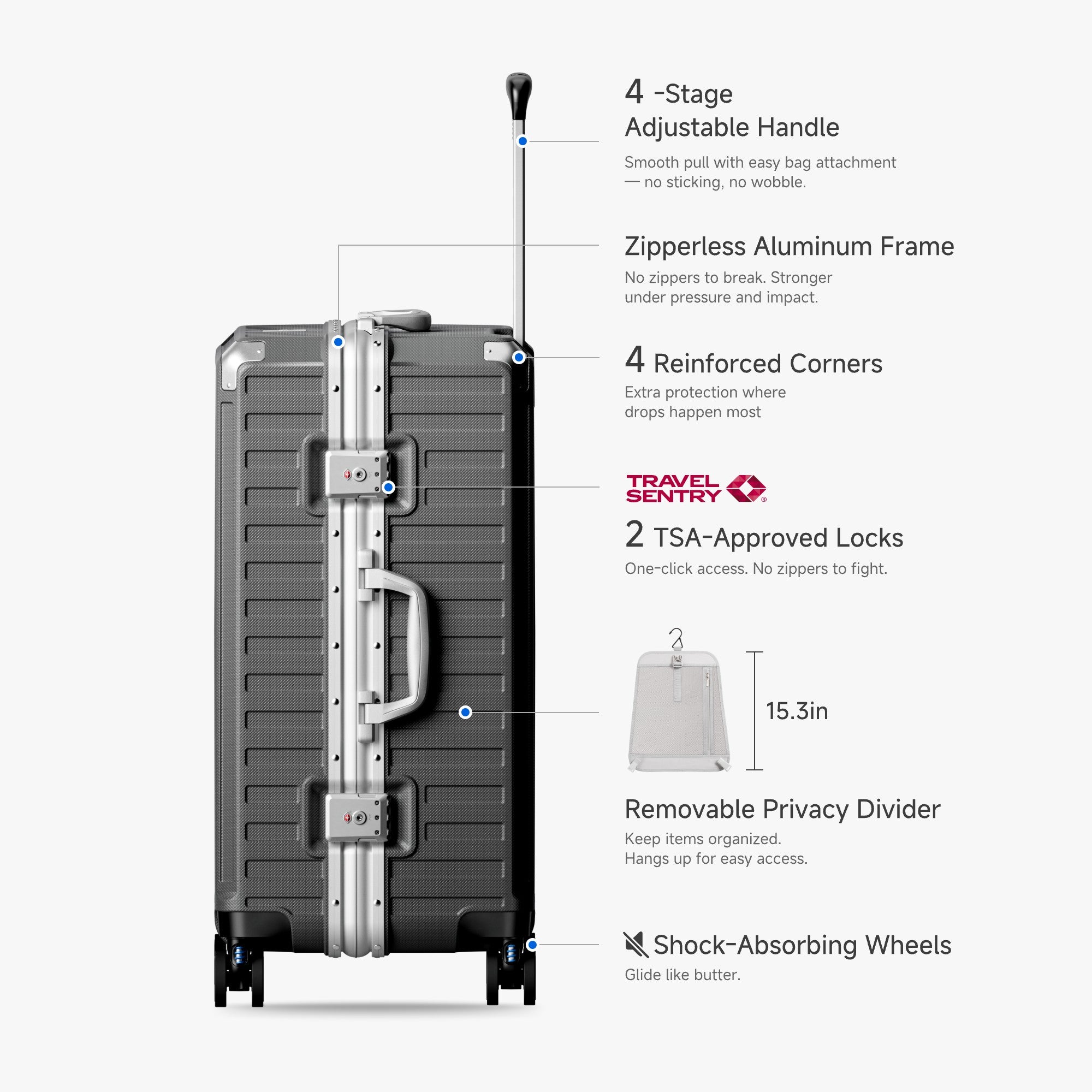 LUGGEX Zipperless aluminum 24-inch check-in luggage with a 4-stage adjustable handle, reinforced corners, dual TSA-approved locks, removable privacy divider, and shock-absorbing spinner wheels. #color_charcoal