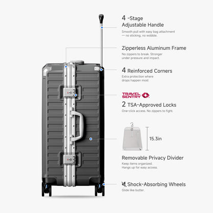 LUGGEX Zipperless aluminum 24-inch check-in luggage with a 4-stage adjustable handle, reinforced corners, dual TSA-approved locks, removable privacy divider, and shock-absorbing spinner wheels. 
