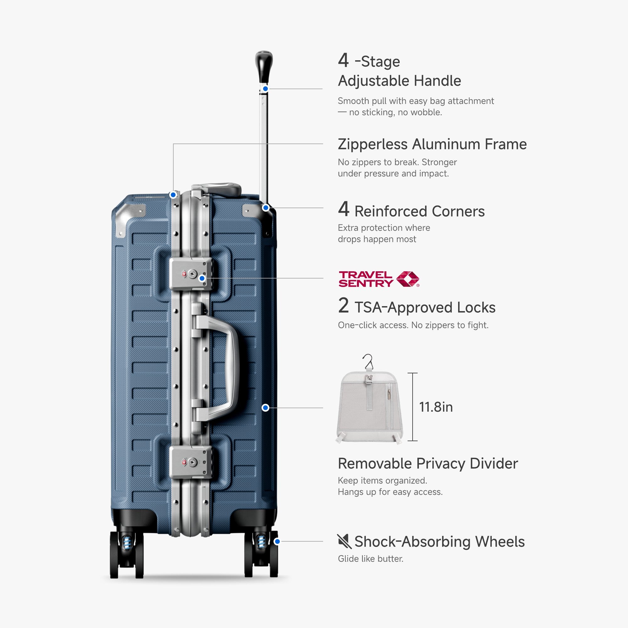LUGGEX Zipperless aluminum carry-on luggage with a 4-stage adjustable handle, reinforced corners, dual TSA-approved locks, removable privacy divider, and shock-absorbing spinner wheels. #color_blue