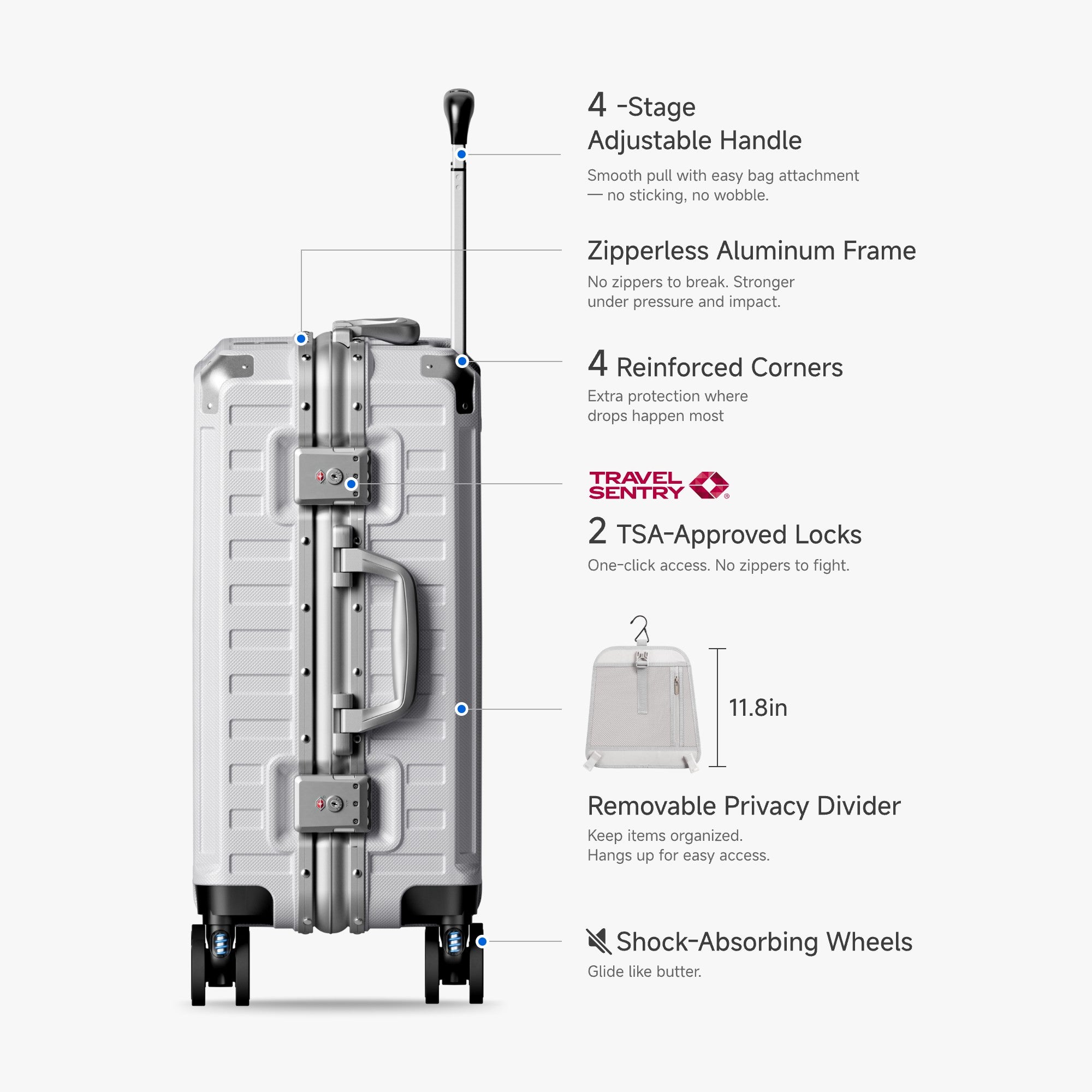 LUGGEX Zipperless aluminum carry-on luggage with a 4-stage adjustable handle, reinforced corners, dual TSA-approved locks, removable privacy divider, and shock-absorbing spinner wheels. #color_sliver_grey