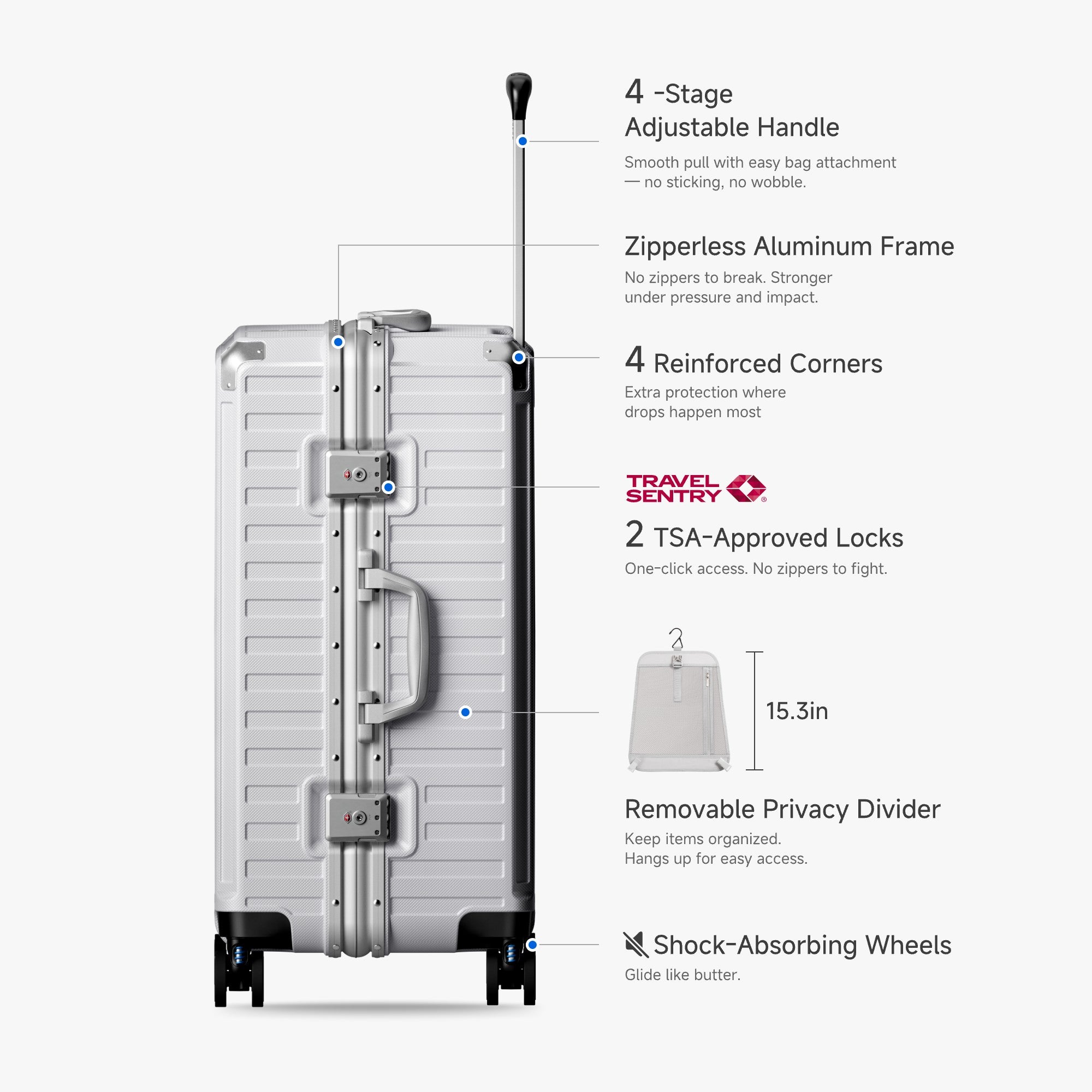 LUGGEX Zipperless aluminum 24-inch check-in luggage with a 4-stage adjustable handle, reinforced corners, dual TSA-approved locks, removable privacy divider, and shock-absorbing spinner wheels. 