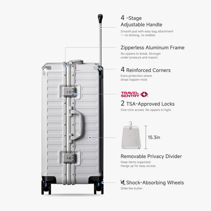LUGGEX Zipperless aluminum 24-inch check-in luggage with a 4-stage adjustable handle, reinforced corners, dual TSA-approved locks, removable privacy divider, and shock-absorbing spinner wheels. 