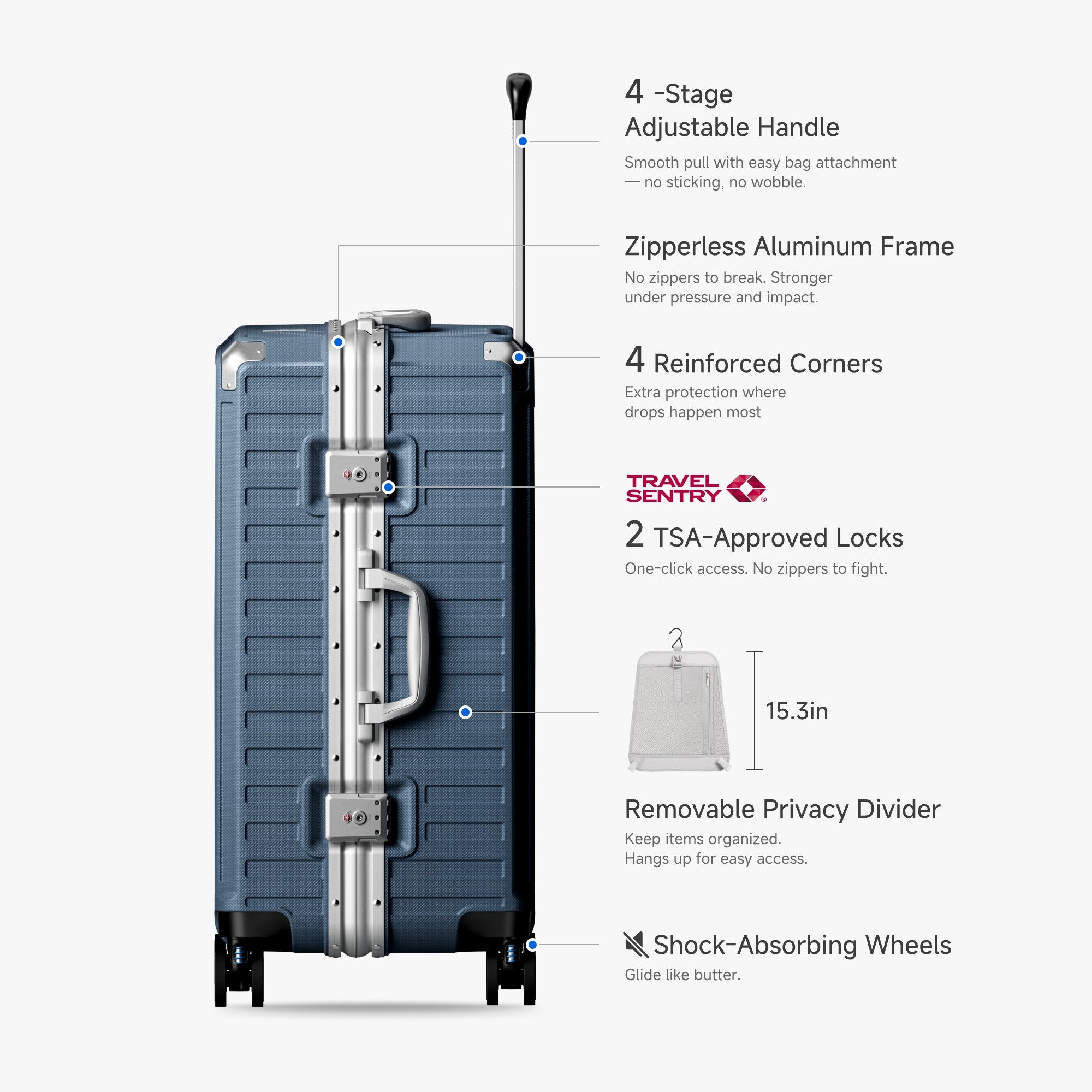 LUGGEX Zipperless aluminum 24-inch check-in luggage with a 4-stage adjustable handle, reinforced corners, dual TSA-approved locks, removable privacy divider, and shock-absorbing spinner wheels. 