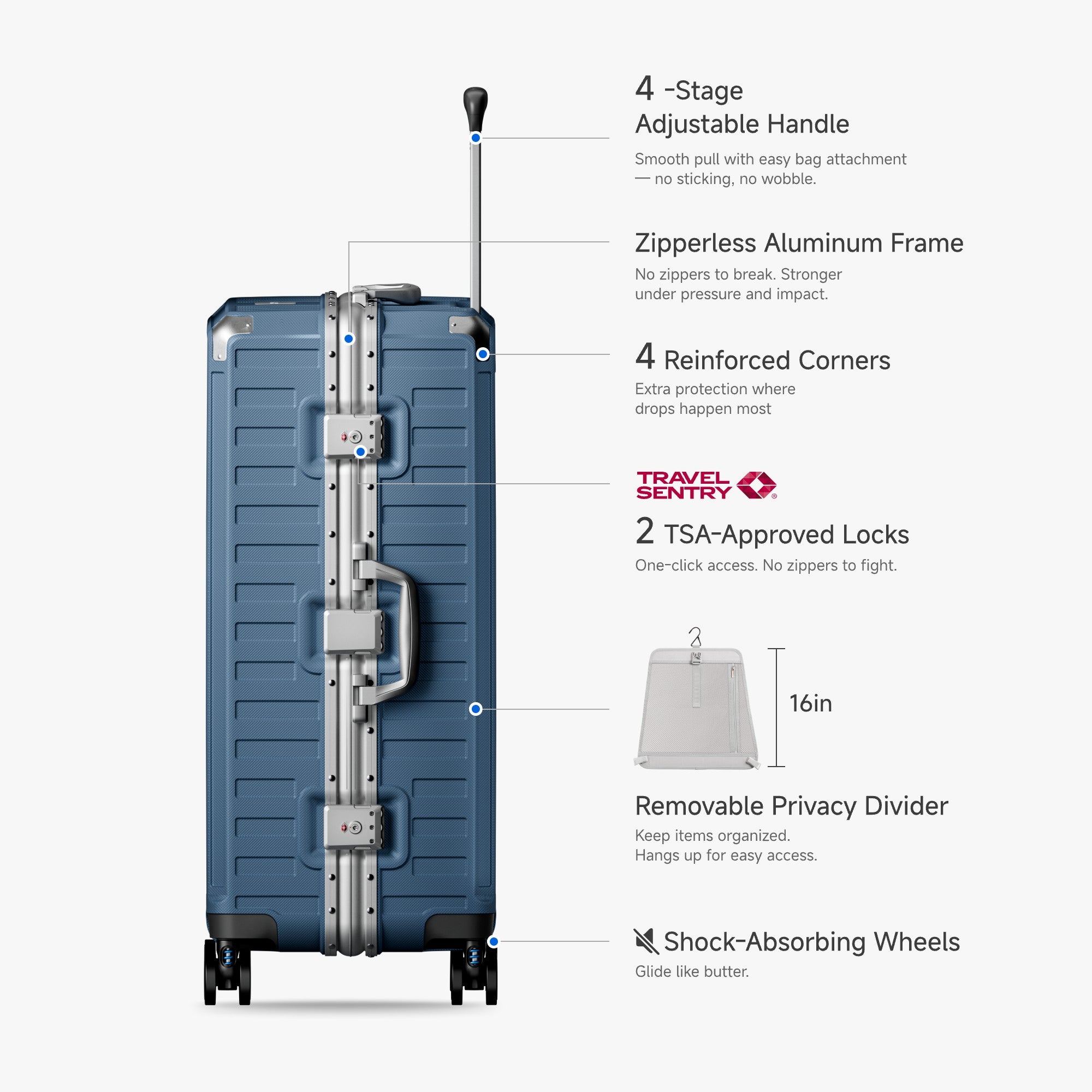 LUGGEX Zipperless aluminum 28-inch check-in luggage with a 4-stage adjustable handle, reinforced corners, dual TSA-approved locks, removable privacy divider, and shock-absorbing spinner wheels. 