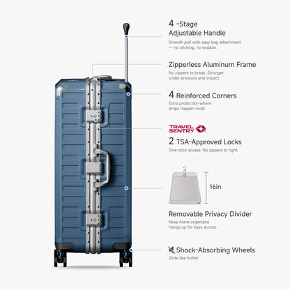 LUGGEX Zipperless aluminum 28-inch check-in luggage with a 4-stage adjustable handle, reinforced corners, dual TSA-approved locks, removable privacy divider, and shock-absorbing spinner wheels. 