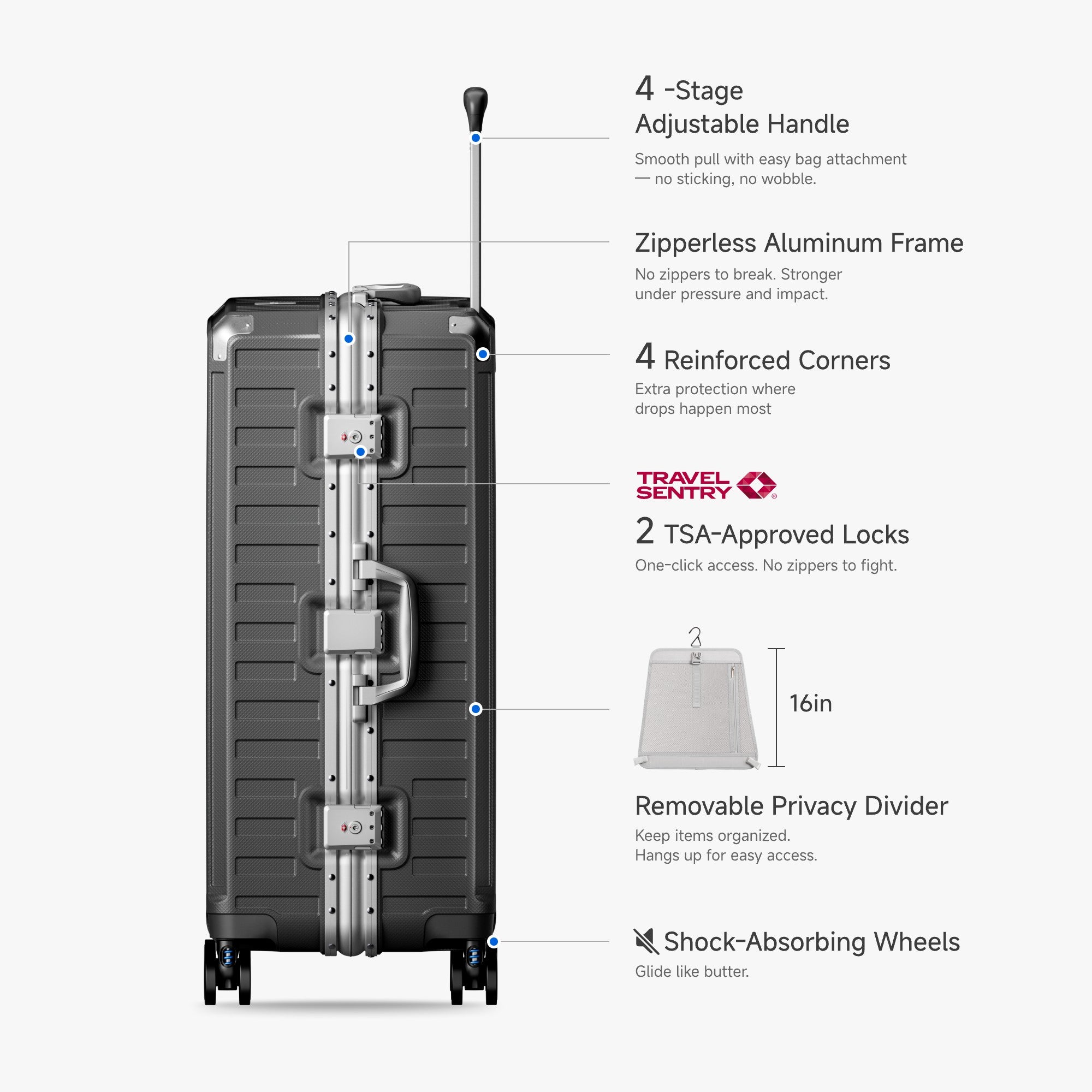 LUGGEX Zipperless aluminum 28-inch check-in luggage with a 4-stage adjustable handle, reinforced corners, dual TSA-approved locks, removable privacy divider, and shock-absorbing spinner wheels. 