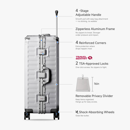 LUGGEX Zipperless aluminum 28-inch check-in luggage with a 4-stage adjustable handle, reinforced corners, dual TSA-approved locks, removable privacy divider, and shock-absorbing spinner wheels. 