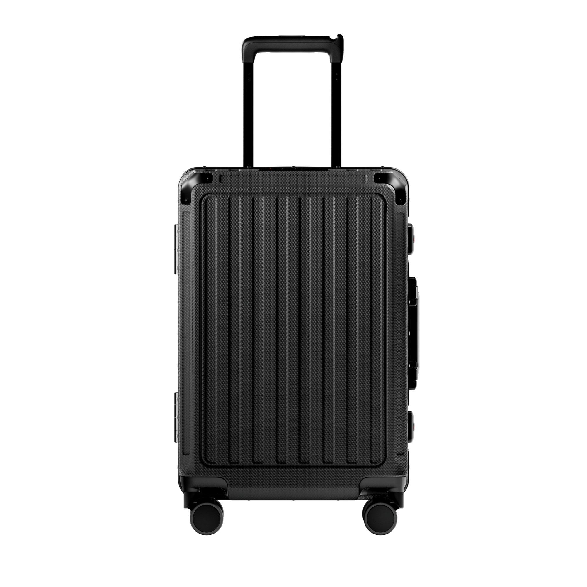 Front view of ZX all-in-one bigger carry-on suitcase with zipperless aluminum frame, reinforced corner guards, and smooth spinner wheels designed for efficient and secure travel #show #color_black