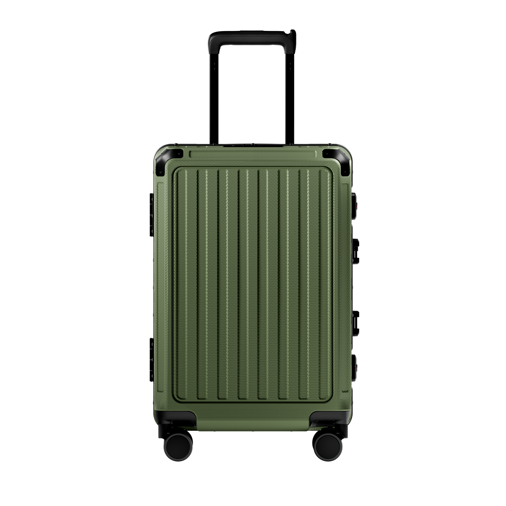 Front view of ZX all-in-one bigger carry-on suitcase with zipperless aluminum frame, reinforced corner guards, and smooth spinner wheels designed for efficient and secure travel #show #color_olive_green