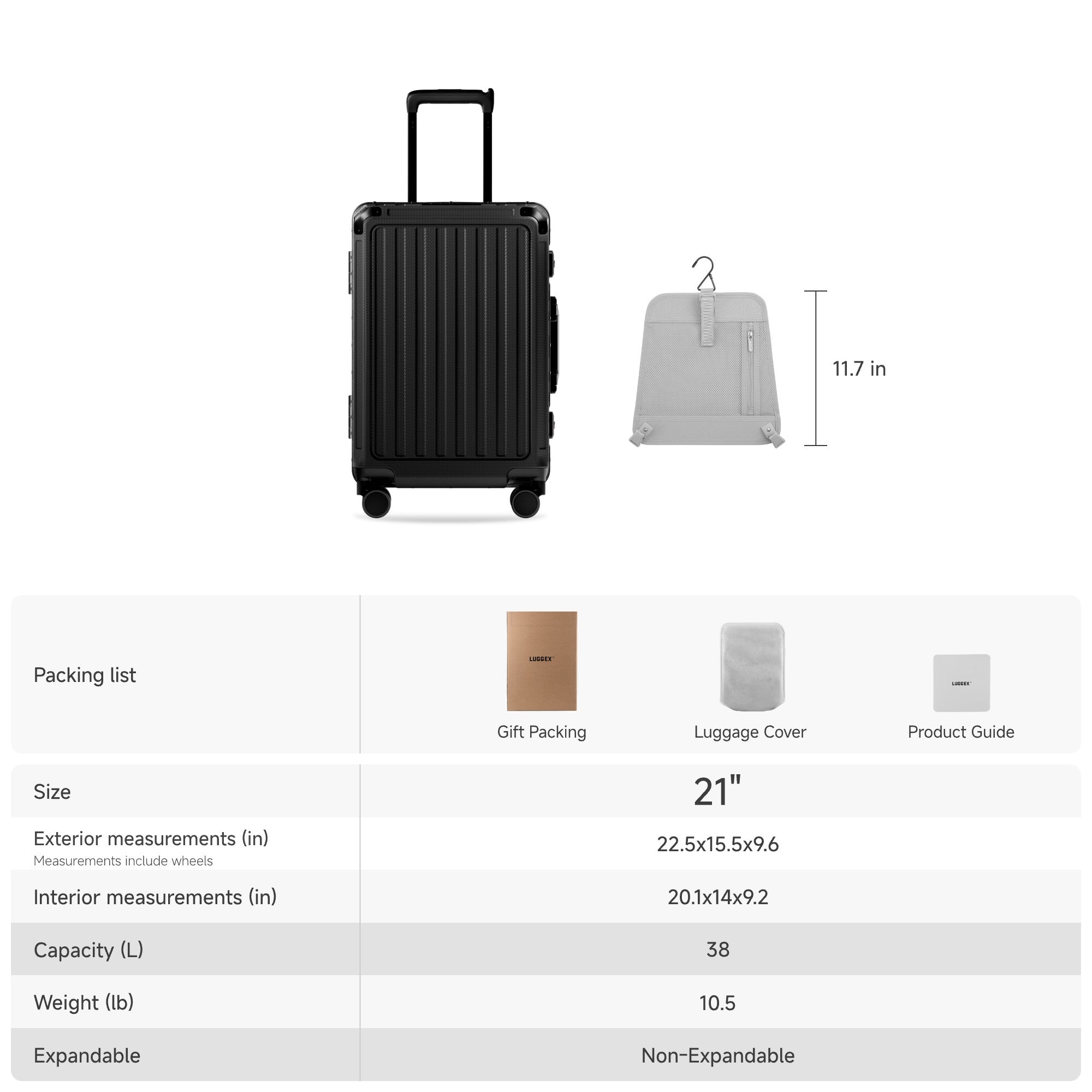 ZX all-in-one bigger carry-on suitcase with size dimensions, interior capacity details, and included accessories such as gift packaging, luggage cover, and product guide #color_black