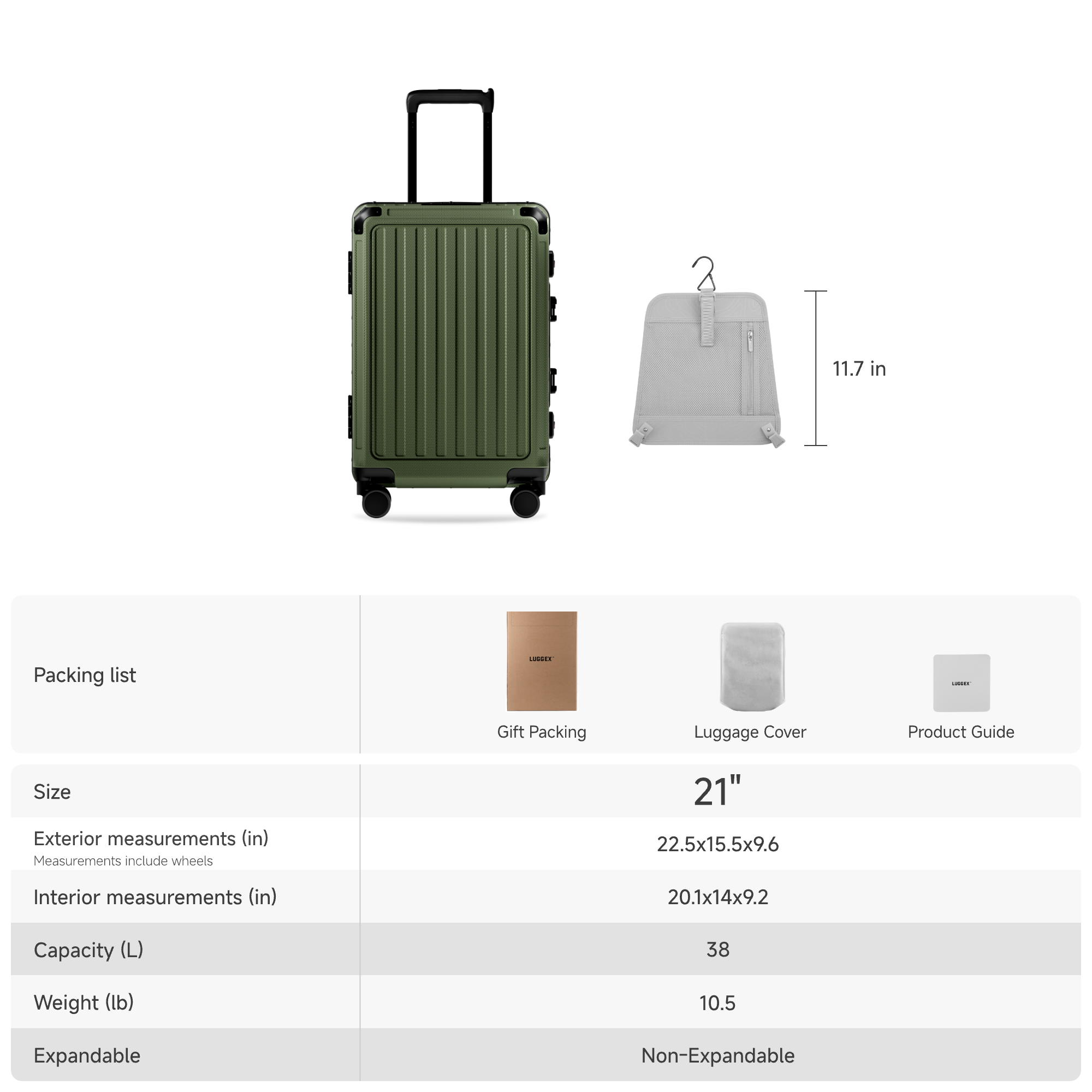 ZX all-in-one bigger carry-on suitcase with size dimensions, interior capacity details, and included accessories such as gift packaging, luggage cover, and product guide #color_olive_green