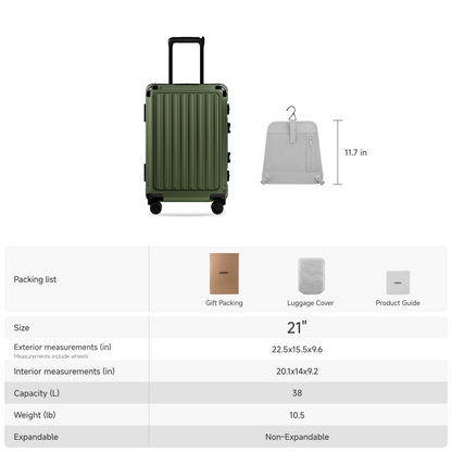 ZX all-in-one bigger carry-on suitcase with size dimensions, interior capacity details, and included accessories such as gift packaging, luggage cover, and product guide #color_olive_green