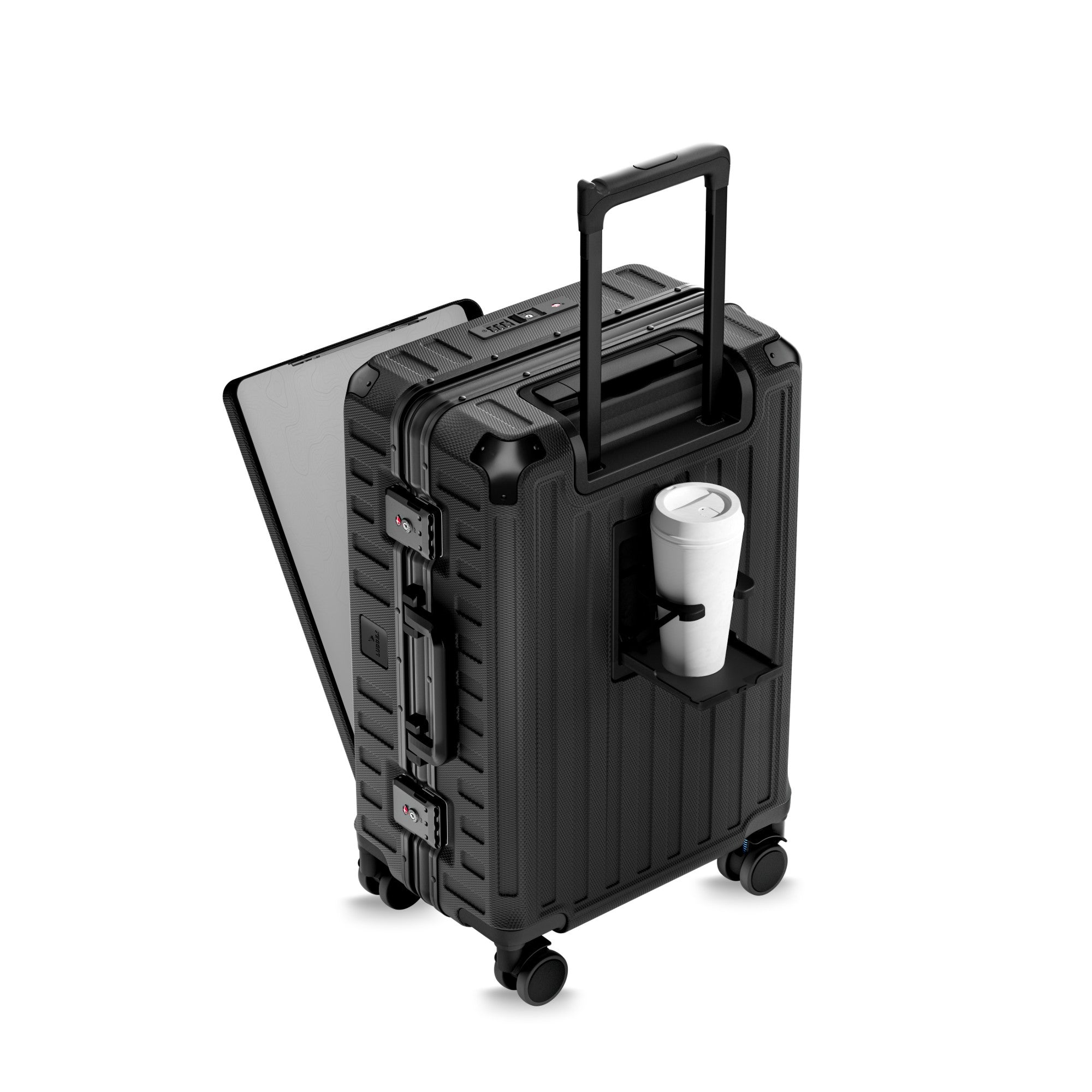 All-in-one carry-on suitcase with built-in cup holder, luggage hook, zipperless aluminum frame, and smooth spinner wheels for efficient airport travel. #show #color_black